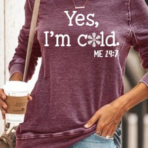 Women's Yes I'm Cold Crew Neck Letters Casual Sweatshirt, color:Red|size:3XL, Lilicloth.com