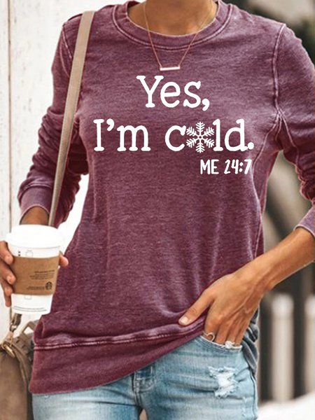 Women's Yes I'm Cold Crew Neck Letters Casual Sweatshirt, color:Red|size:3XL, Lilicloth.com
