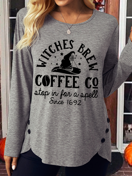 Women's Witches Brew Coffee Co Stop In For A Spell Since 1692 Printed Casual Crew Neck Regular Fit Cotton-Blend Shirt, color:Gray|size:3XL, Lilicloth.com