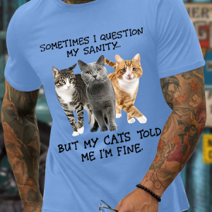 Men's sometimes i question my sanity  but my cats told me i'm fine Crew Neck Cotton-Blend Casual T-Shirt, color:Light Blue|size:3XL, Lilicloth.com