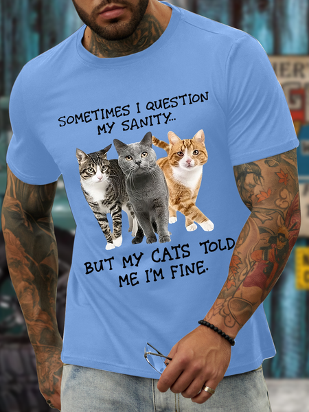 Men's sometimes i question my sanity but my cats told me i'm fine Crew Neck Cotton-Blend Casual T-Shirt, color:Light Blue|size:3XL, Lilicloth.com