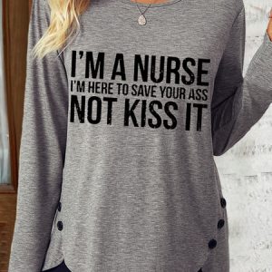 Women's Funny Word 'I'm a Nurse Regular Fit Casual Long Sleeve Shirt, color:Gray|size:3XL, Lilicloth.com