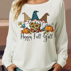 Women's Gnomie flower pumpkin Happy fall y’all Letters Casual Crew Neck Regular Fit Sweatshirt, color:White|size:3XL, Lilicloth.com