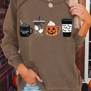 Women's Fall Coffee Halloween Coffee Crew Neck Casual Loose Halloween Sweatshirt, color:Khaki|size:3XL, Lilicloth.com