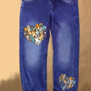 Women‘s Heart Of Dog Casual Loose Jeans, color:Blue|size:3XL, Lilicloth.com