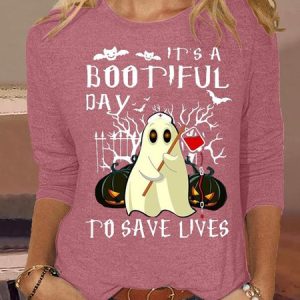 Women's Boo nurse It’s a Bootiful day to save lives Halloween Letters Casual Shirt, color:Pink|size:3XL, Lilicloth.com