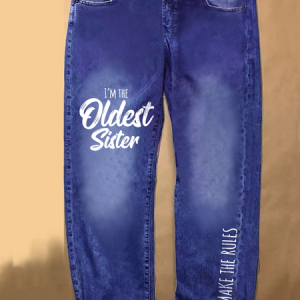 Womens Funny Sister Gift Old Sister Casual Loose Daisy Jeans, color:Blue|size:3XL, Lilicloth.com