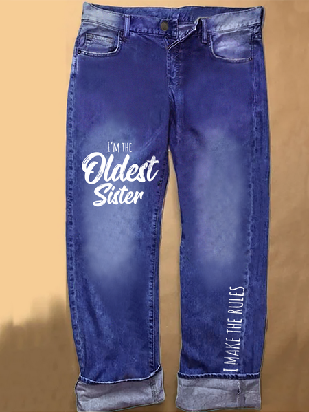 Womens Funny Sister Gift Old Sister Casual Loose Daisy Jeans, color:Blue|size:3XL, Lilicloth.com