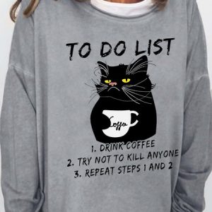 Women Funny Black Cat To Do List Drink Coffee Crew Neck Simple Sweatshirt, color:Gray|size:3XL, Lilicloth.com