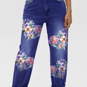 Womens Valentine's Day Cordate Floral Casual Printed Jeans, color:Blue|size:3XL, Lilicloth.com