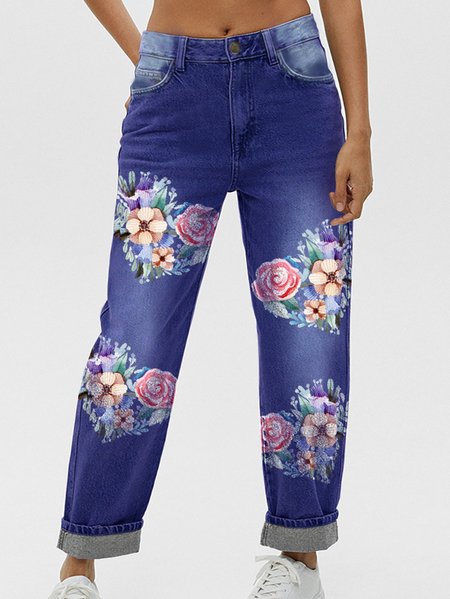 Womens Valentine's Day Cordate Floral Casual Printed Jeans, Jeans, Lilicloth.com