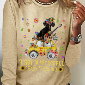 Women's I Got A Peaceful Easy Feeling Women Old Hippie Casual Crew Neck Regular Fit Long Sleeve Shirt, color:Khaki|size:3XL, Lilicloth.com