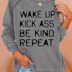 Women's Wake Up Kick Ass Letter Print Crew Neck Casual Text Letters Sweatshirt, color:Gray|size:3XL, Lilicloth.com
