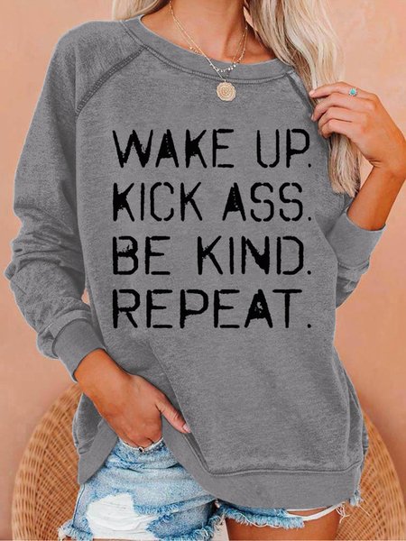Women's Wake Up Kick Ass Letter Print Crew Neck Casual Text Letters Sweatshirt, color:Gray|size:3XL, Lilicloth.com