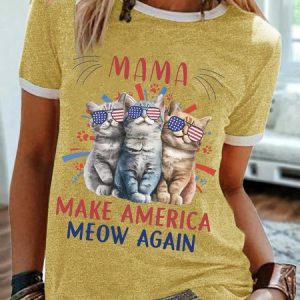Women's Funny Cat Mama Make America Meow Again Graphic Printing Regular Fit Cat Casual Cotton-Blend T-Shirt, color:Yellow|size:3XL, Lilicloth.com