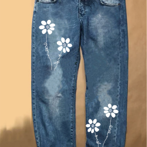 Women's Floral Loose Casual Jeans, color:Blue|size:3XL, Lilicloth.com
