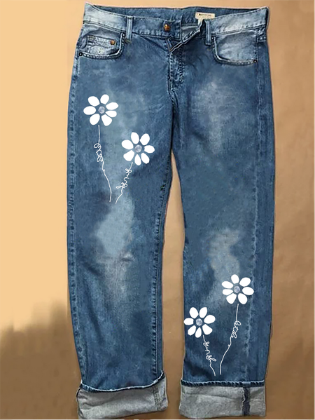 Women's Floral Loose Casual Jeans, color:Blue|size:3XL, Lilicloth.com