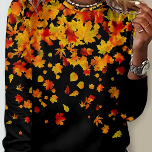 Women's Maple Leaf Crew Neck Casual Shirt, color:Black|size:5XL, Lilicloth.com
