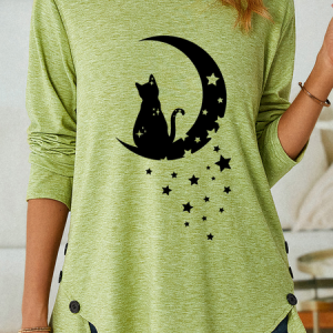Women's Cat Moon Casual Cotton-Blend Shirt, color:Green|size:3XL, Lilicloth.com