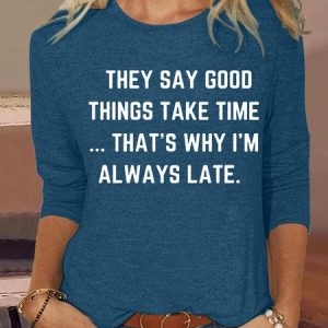 Women's They Say Good Things Letter Print Crew Neck Shirt, color:Blue|size:3XL, Lilicloth.com