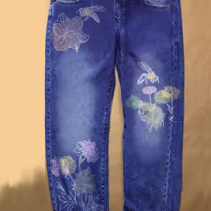 Art Floral Casual Printed Jeans, color:Blue|size:3XL, Lilicloth.com