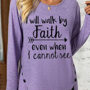 Women's I Will Walk By Faith Casual Text Letters Crew Neck Regular Fit Long Sleeve Shirt, color:Purple|size:3XL, Lilicloth.com