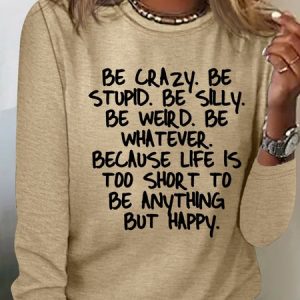 Women's Inspiriton Qoute  Crew Neck Casual Shirt, color:Khaki|size:3XL, Lilicloth.com
