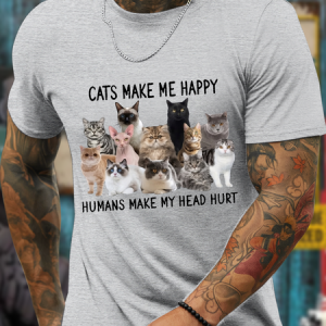 Men's cats make me happy humans make my head hurt Casual Cotton-Blend Text Letters Loose T-Shirt, color:Light Gray|size:3XL, Lilicloth.com