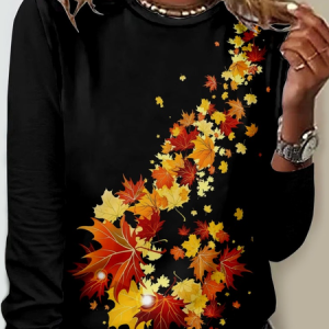 Woman‘s Casual Regular Fit Crew Neck Maple Leaf Shirt, color:Black|size:3XL, Lilicloth.com