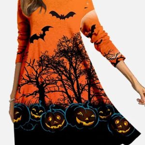Halloween Pumpkin Pile Neck Woman Dress, color:Orange|size:3XL, Lilicloth.com