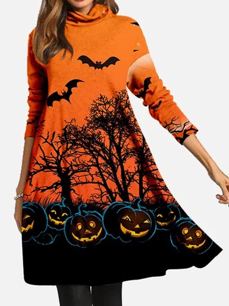 Halloween Pumpkin Pile Neck Woman Dress, color:Orange|size:3XL, Lilicloth.com