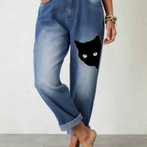 Women's Casual Cat Regular Fit Jeans, color:Blue|size:3XL, Lilicloth.com