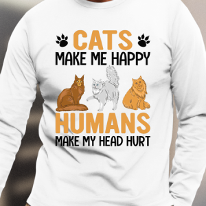 Men's cats make me happy Casual Text Letters Crew Neck Top, color:White|size:3XL, Lilicloth.com
