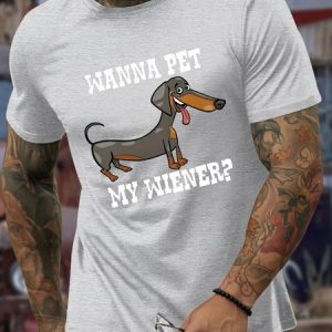 Men’s Wanna Pet My Wiener  Regular Fit Casual T-Shirt, color:Light Gray|size:3XL, Lilicloth.com