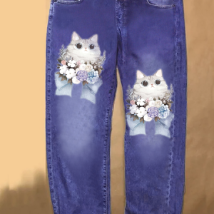 Womens Floral Cat Casual Printed Jeans, color:Blue|size:3XL, Lilicloth.com