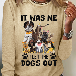 Women's It Was Me Let The Dogs Out Cotton-Blend Casual Shirt, color:Khaki|size:3XL, Lilicloth.com