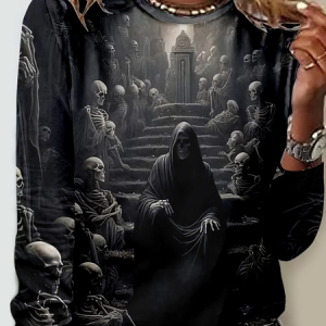 Women's Holloween Skull Crew Neck Casual Shirt, color:Black|size:5XL, Lilicloth.com