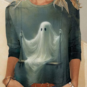 Women's Funny Ghost Crew Neck Casual Shirt, color:Gray|size:5XL, Lilicloth.com