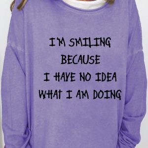 Women's I'm Smiling Letter Print Casual Crew Neck Sweatshirt, color:Light Purple|size:3XL, Lilicloth.com