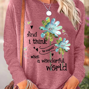Women's And I Think To Myself What A Wonderful World Daisy Crew Neck Cat Regular Fit Casual Shirt, color:Pink|size:3XL, Lilicloth.com