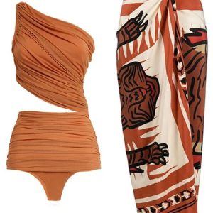 Vacation Abstract Printing One Shoulder One Piece With Cover Up, Swimsuit with Coverups, color:Deep Brown|size:S, Stylewe