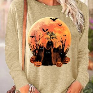 Womens Halloween Black Cat Print Crew Neck Top, color:Apricot|size:3XL, Lilicloth.com