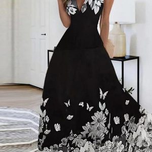 Women Floral V Neck Sleeveless Comfy Casual Maxi Dress, Maxi, color:Black|size:3XL, Noracora
