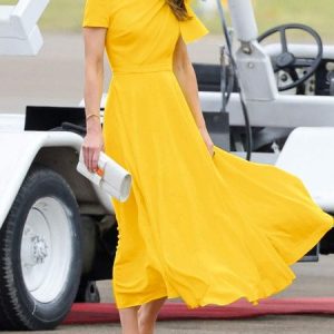Boat Neck Plain Elegant Dress, Maxi Dresses, color:Yellow|size:XXL, Stylewe