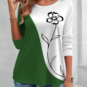 Casual Floral Crew Neck Long Sleeve T-shirt, T-shirts, color:Green|size:5XL, Noracora