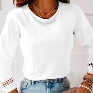 Casual Crew Neck Plain Lace Shirt, Shirts & Blouses, color:White|size:XXL, JustFashionNow