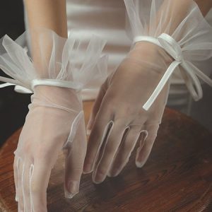 Bridal Wedding Date Party White Mesh Bow Ribbon Gloves, Women Gloves, color:White|size:One-size, JustFashionNow