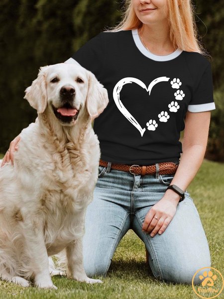Lilicloth X Funnpaw Women's Paw Print Heart Crew Neck T-Shirt, color:Black|size:L, Lilicloth.com