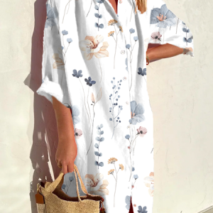 Plus size Casual Floral Shirt Dress, Dresses, color:White|size:4X, JustFashionNow