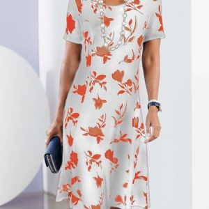 Floral Casual Crew Neck Loose Lightweight Summer Dress, Dresses, color:Orange Red|size:XXL, JustFashionNow
